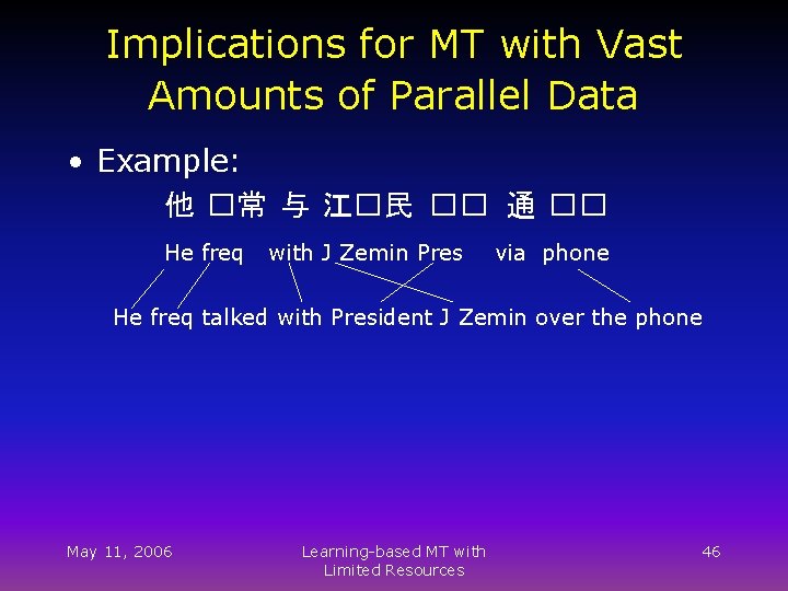 Implications for MT with Vast Amounts of Parallel Data • Example: 他 �常 与