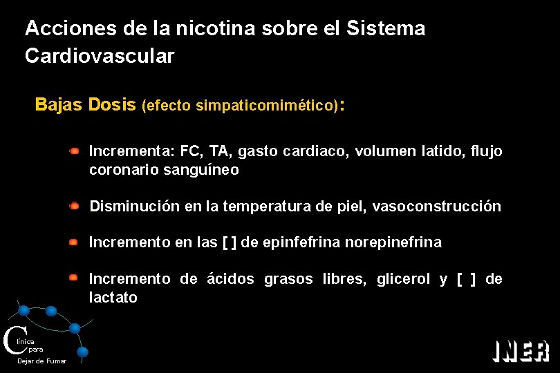 Acciones de la nicotina sobre el Sistema Cardiovascular Bajas Dosis (efecto simpaticomimético): Incrementa: FC,
