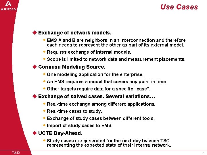 Use Cases u Exchange of network models. w EMS A and B are neighbors