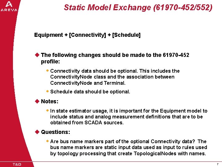 Static Model Exchange (61970 -452/552) Equipment + [Connectivity] + [Schedule] u The following changes