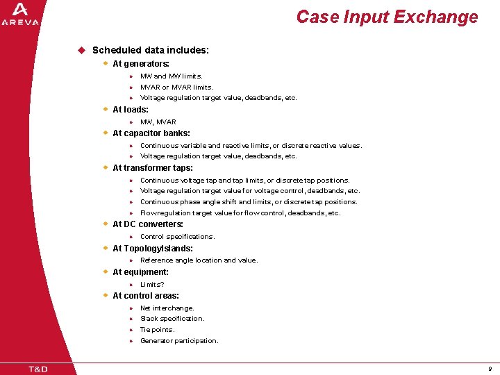 Case Input Exchange u Scheduled data includes: w At generators: l MW and MW