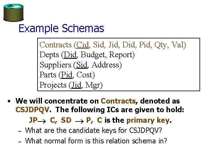Example Schemas Contracts (Cid, Sid, Jid, Did, Pid, Qty, Val) Depts (Did, Budget, Report)
