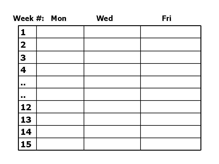 Week #: Mon 1 2 3 4. . 12 13 14 15 Wed Fri