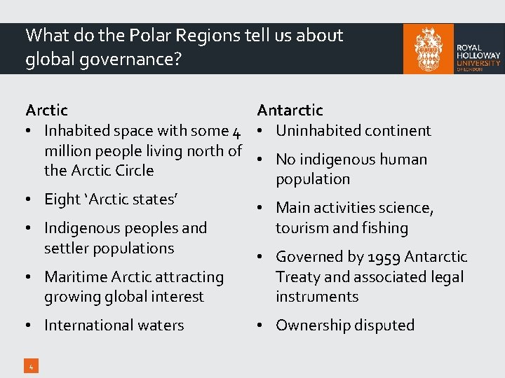 What do the Polar Regions tell us about global governance? Arctic Antarctic • Inhabited