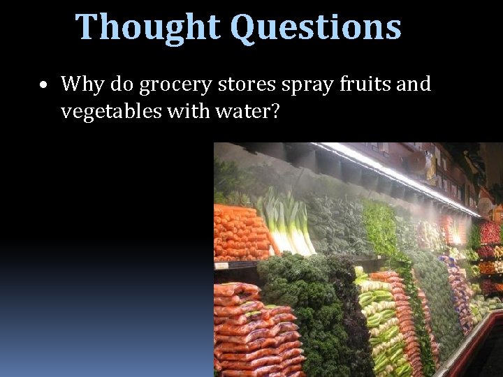 Thought Questions • Why do grocery stores spray fruits and vegetables with water? 22