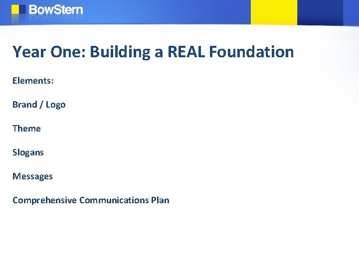 Year One: Building a REAL Foundation Elements: Brand / Logo Theme Slogans Messages Comprehensive