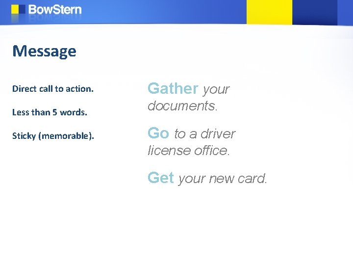 Message Direct call to action. Gather your Less than 5 words. documents. Sticky (memorable).