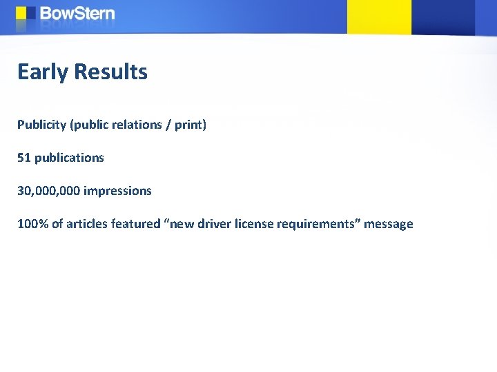 Early Results Publicity (public relations / print) 51 publications 30, 000 impressions 100% of