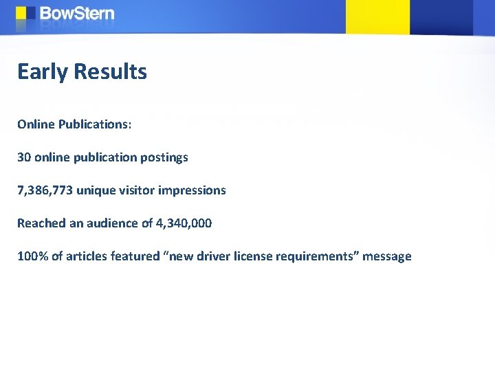 Early Results Online Publications: 30 online publication postings 7, 386, 773 unique visitor impressions
