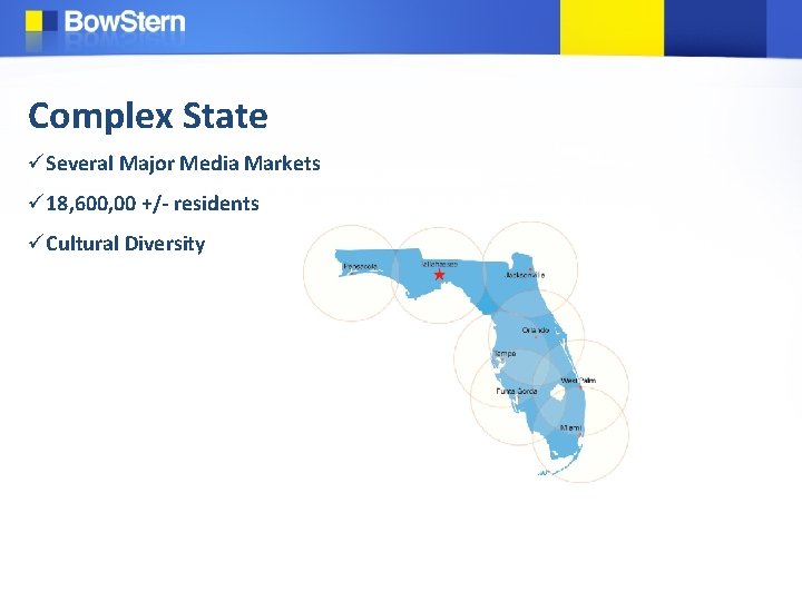 Complex State üSeveral Major Media Markets ü 18, 600, 00 +/- residents üCultural Diversity