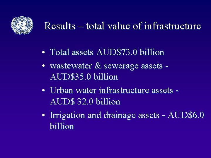 Results – total value of infrastructure • Total assets AUD$73. 0 billion • wastewater