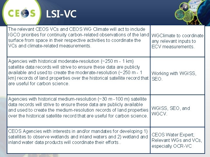 LSI-VC The relevant CEOS VCs and CEOS WG Climate will act to include IGCO