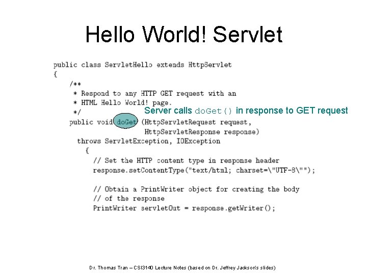 Hello World! Servlet Server calls do. Get() in response to GET request Dr. Thomas