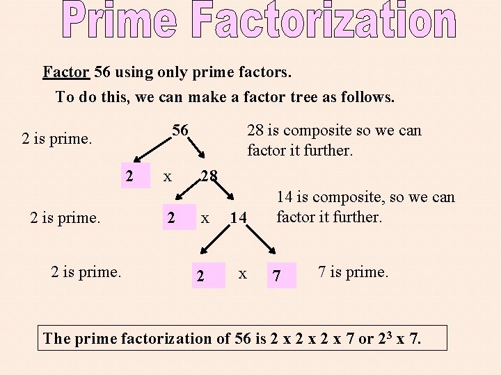 Factor 56 using only prime factors. To do this, we can make a factor