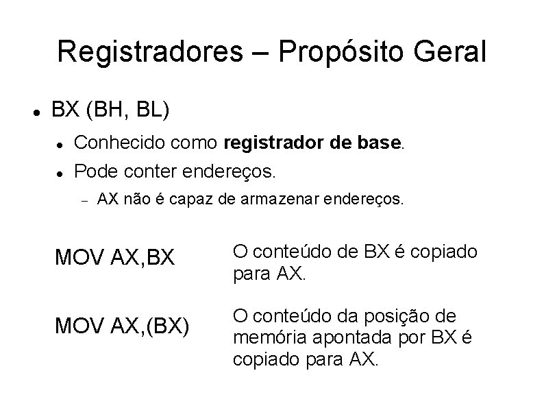 Registradores – Propósito Geral BX (BH, BL) Conhecido como registrador de base. Pode conter Registradores – Propósito Geral BX (BH, BL) Conhecido como registrador de base. Pode conter