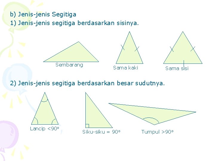 b) Jenis-jenis Segitiga 1) Jenis-jenis segitiga berdasarkan sisinya. Sembarang Sama kaki Sama sisi 2)