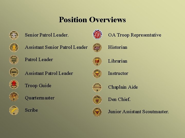 Position Overviews Senior Patrol Leader. OA Troop Representative Assistant Senior Patrol Leader Historian Patrol