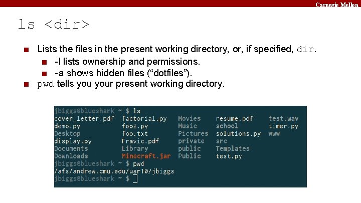 Carnegie Mellon ls <dir> ■ Lists the files in the present working directory, or,