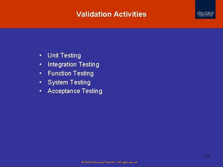 Validation Activities • • • Unit Testing Integration Testing Function Testing System Testing Acceptance