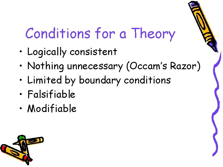 Conditions for a Theory • • • Logically consistent Nothing unnecessary (Occam’s Razor) Limited