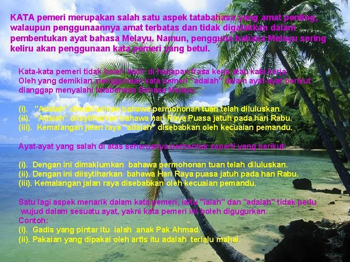 KATA pemeri merupakan salah satu aspek tatabahasa yang amat penting, walaupun penggunaannya amat terbatas