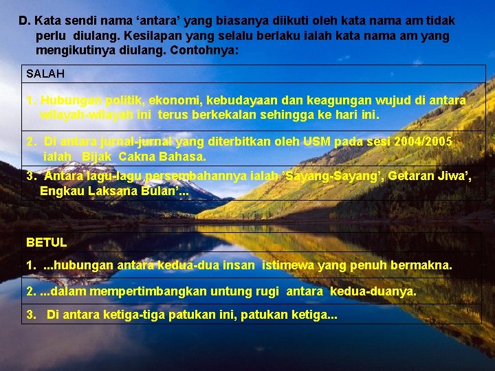 D. Kata sendi nama ‘antara’ yang biasanya diikuti oleh kata nama am tidak perlu