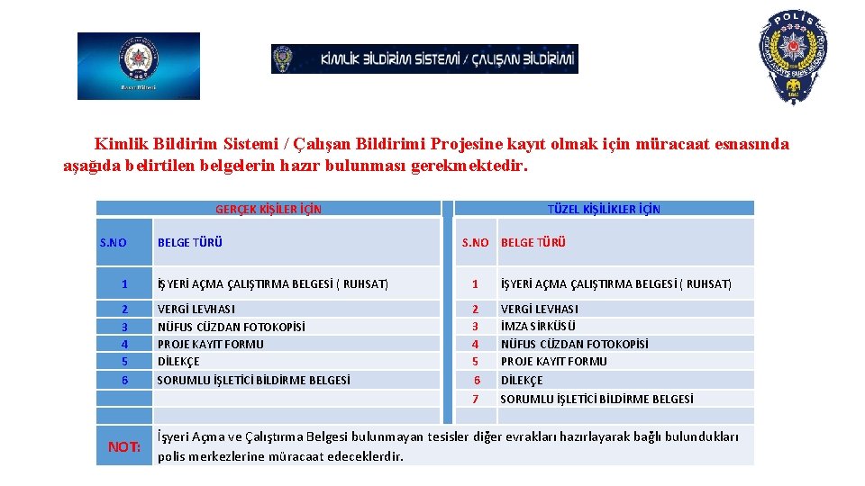 Kimlik Bildirim Sistemi / Çalışan Bildirimi Projesine kayıt olmak için müracaat esnasında aşağıda belirtilen