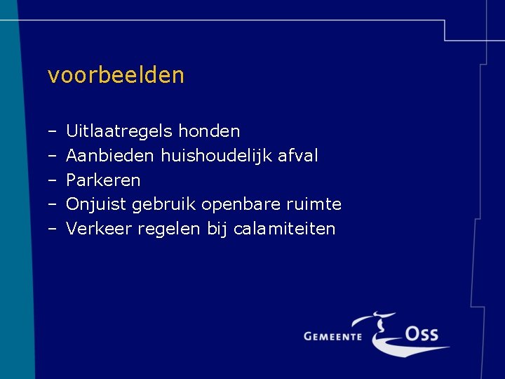 voorbeelden – – – Uitlaatregels honden Aanbieden huishoudelijk afval Parkeren Onjuist gebruik openbare ruimte