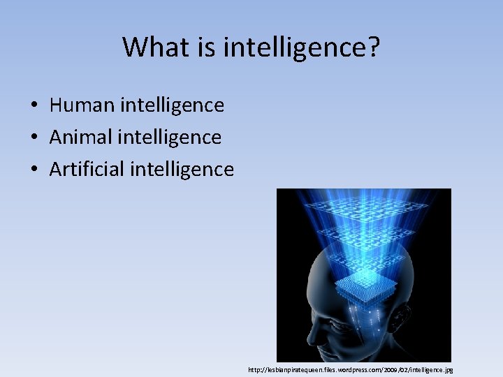 What is intelligence? • Human intelligence • Animal intelligence • Artificial intelligence http: //lesbianpiratequeen.