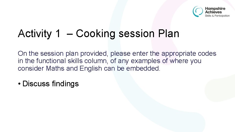 Activity 1 – Cooking session Plan On the session plan provided, please enter the