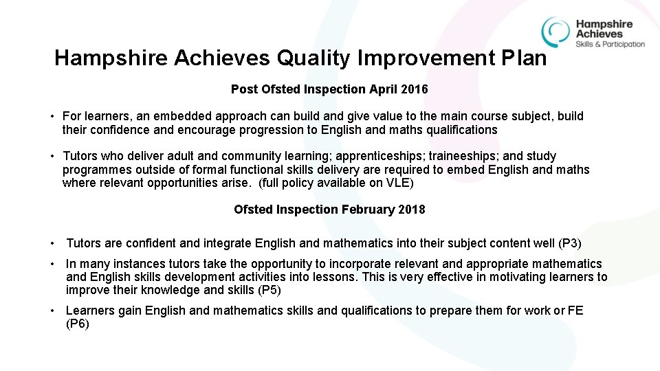 Hampshire Achieves Quality Improvement Plan Post Ofsted Inspection April 2016 • For learners, an