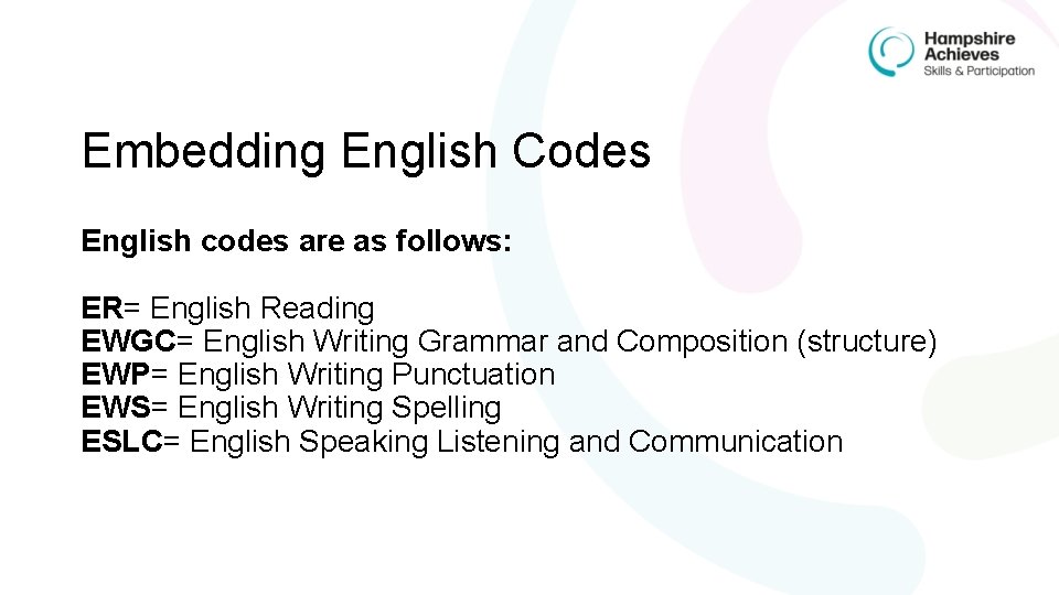 Embedding English Codes English codes are as follows: ER= English Reading EWGC= English Writing