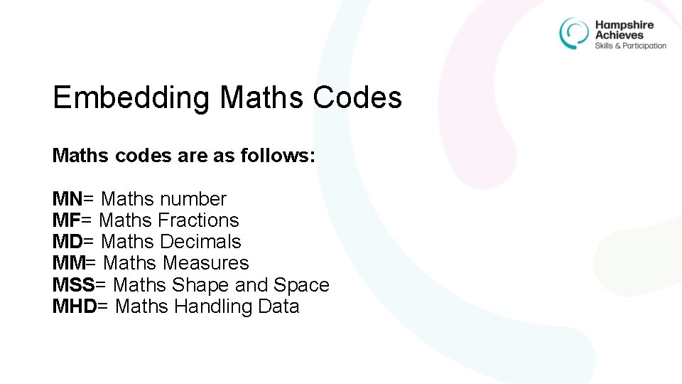 Embedding Maths Codes Maths codes are as follows: MN= Maths number MF= Maths Fractions