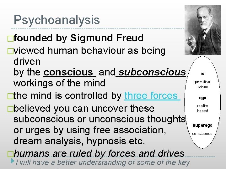 Psychoanalysis �founded by Sigmund Freud �viewed human behaviour as being driven by the conscious