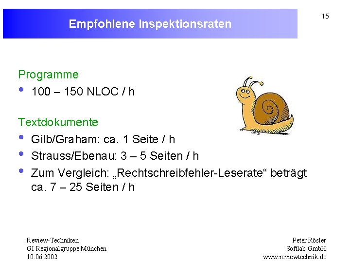 15 Empfohlene Inspektionsraten Programme • 100 – 150 NLOC / h Textdokumente • Gilb/Graham: