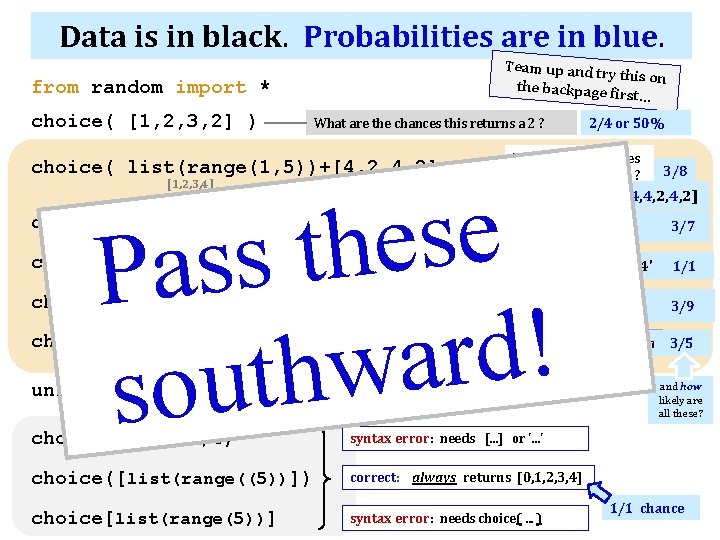 Data is in black. Probabilities are in blue. Team up and tr y this