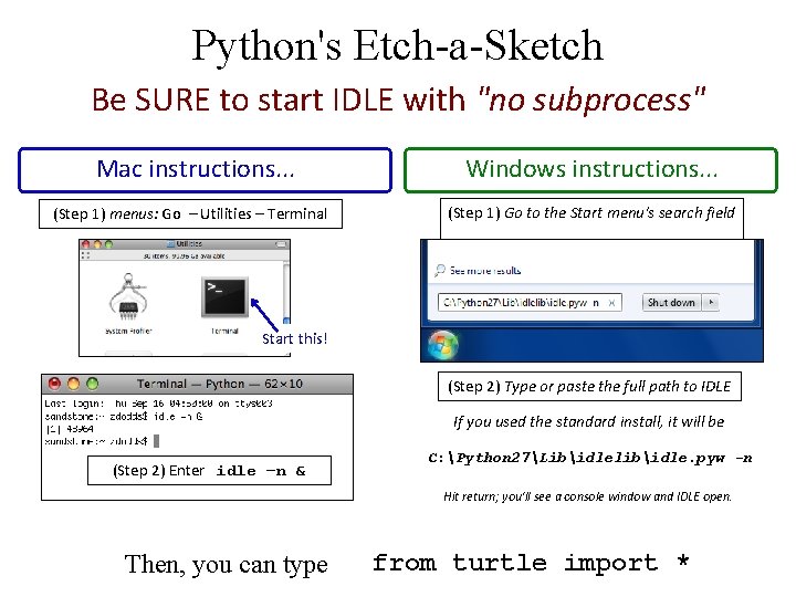 Python's Etch-a-Sketch Be SURE to start IDLE with "no subprocess" Mac instructions. . .