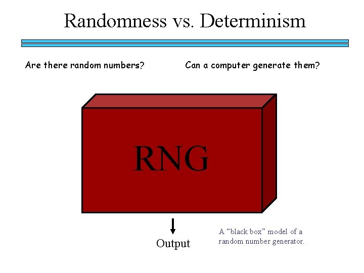Randomness vs. Determinism Are there random numbers? Can a computer generate them? RNG Output