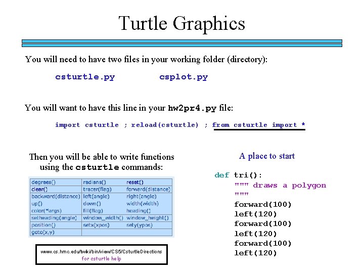 Turtle Graphics You will need to have two files in your working folder (directory):