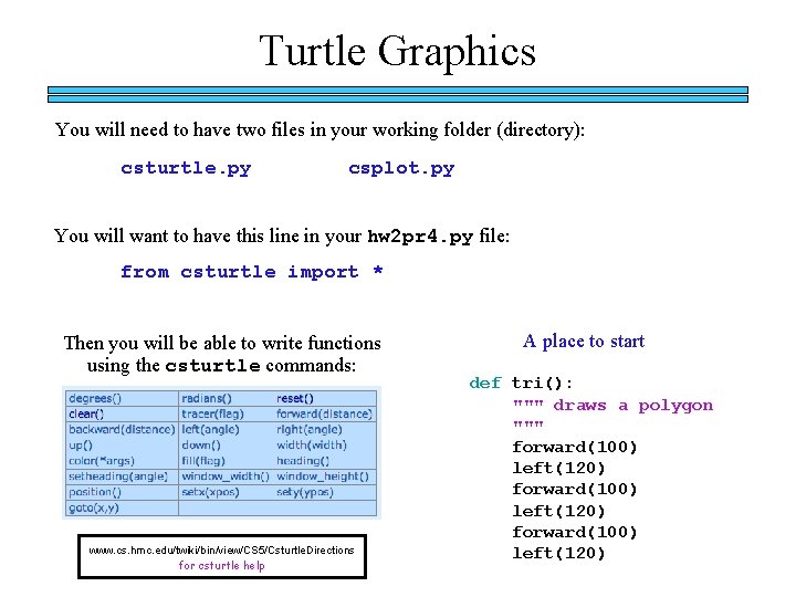 Turtle Graphics You will need to have two files in your working folder (directory):