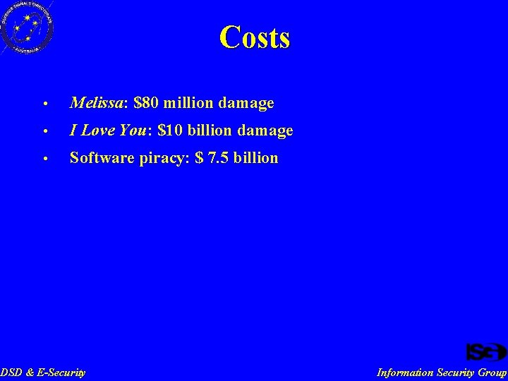 Costs • Melissa: $80 million damage • I Love You: $10 billion damage •