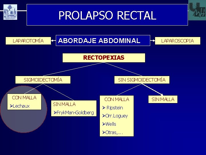 PROLAPSO RECTAL LAPAROTOMÍA ABORDAJE ABDOMINAL LAPAROSCOPIA RECTOPEXIAS SIGMOIDECTOMÍA CON MALLA ØLechaux SIN MALLA ØFryk.