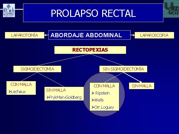 PROLAPSO RECTAL LAPAROTOMÍA ABORDAJE ABDOMINAL LAPAROSCOPIA RECTOPEXIAS SIGMOIDECTOMÍA CON MALLA ØLechaux SIN MALLA ØFryk.