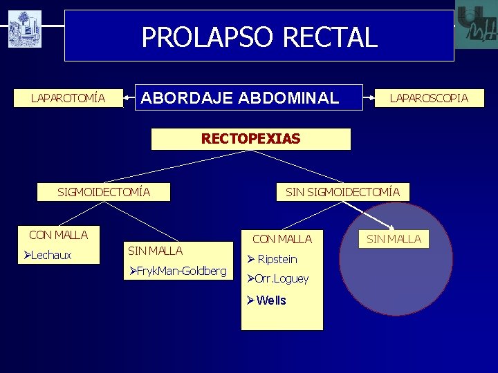 PROLAPSO RECTAL LAPAROTOMÍA ABORDAJE ABDOMINAL LAPAROSCOPIA RECTOPEXIAS SIGMOIDECTOMÍA CON MALLA ØLechaux SIN MALLA ØFryk.