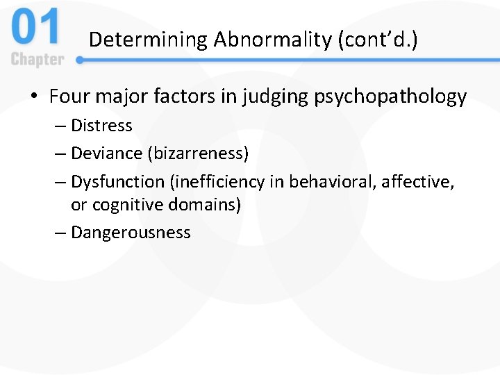 Determining Abnormality (cont’d. ) • Four major factors in judging psychopathology – Distress –