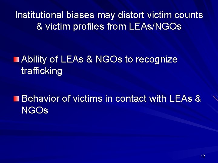 Institutional biases may distort victim counts & victim profiles from LEAs/NGOs Ability of LEAs