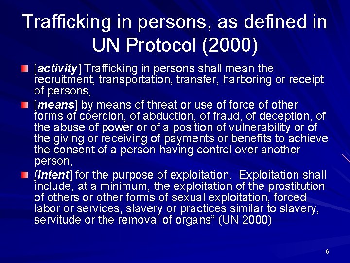 Trafficking in persons, as defined in UN Protocol (2000) [activity] Trafficking in persons shall