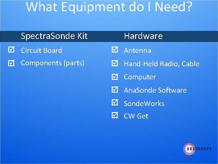 What Equipment do I Need? Spectra. Sonde Kit Hardware Circuit Board Antenna Components (parts)