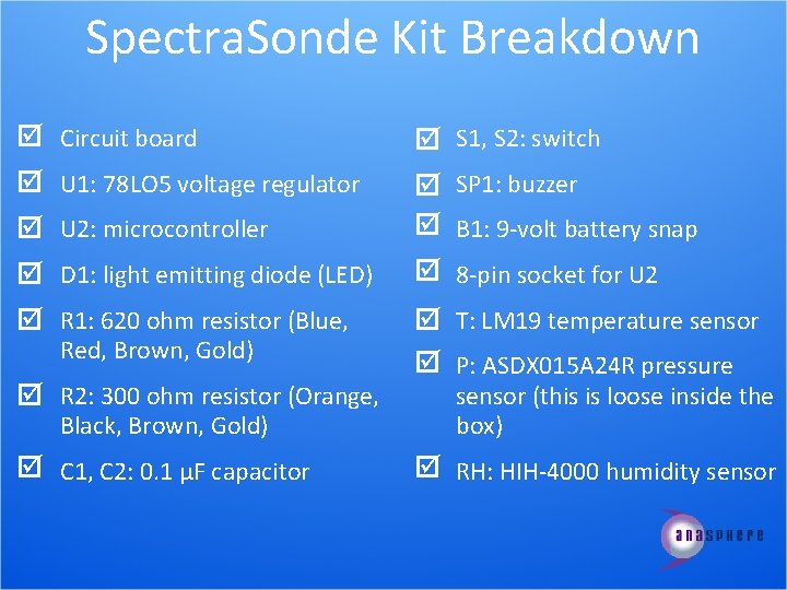 Spectra. Sonde Kit Breakdown Circuit board S 1, S 2: switch U 1: 78