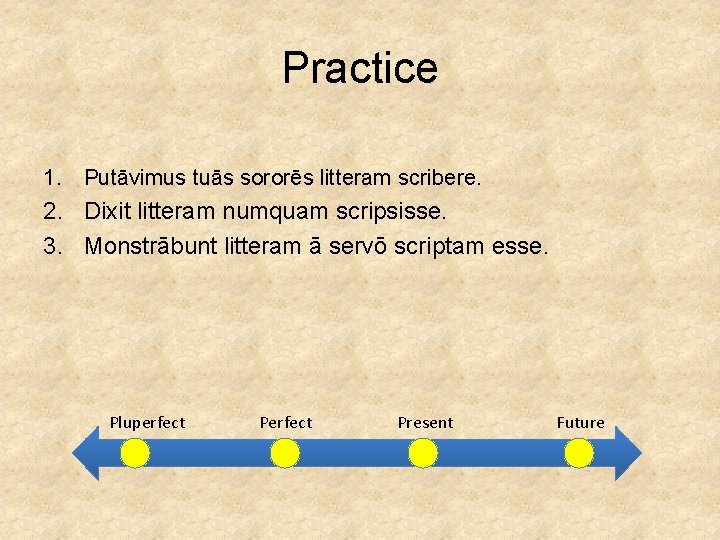 Practice 1. Putāvimus tuās sororēs litteram scribere. 2. Dixit litteram numquam scripsisse. 3. Monstrābunt